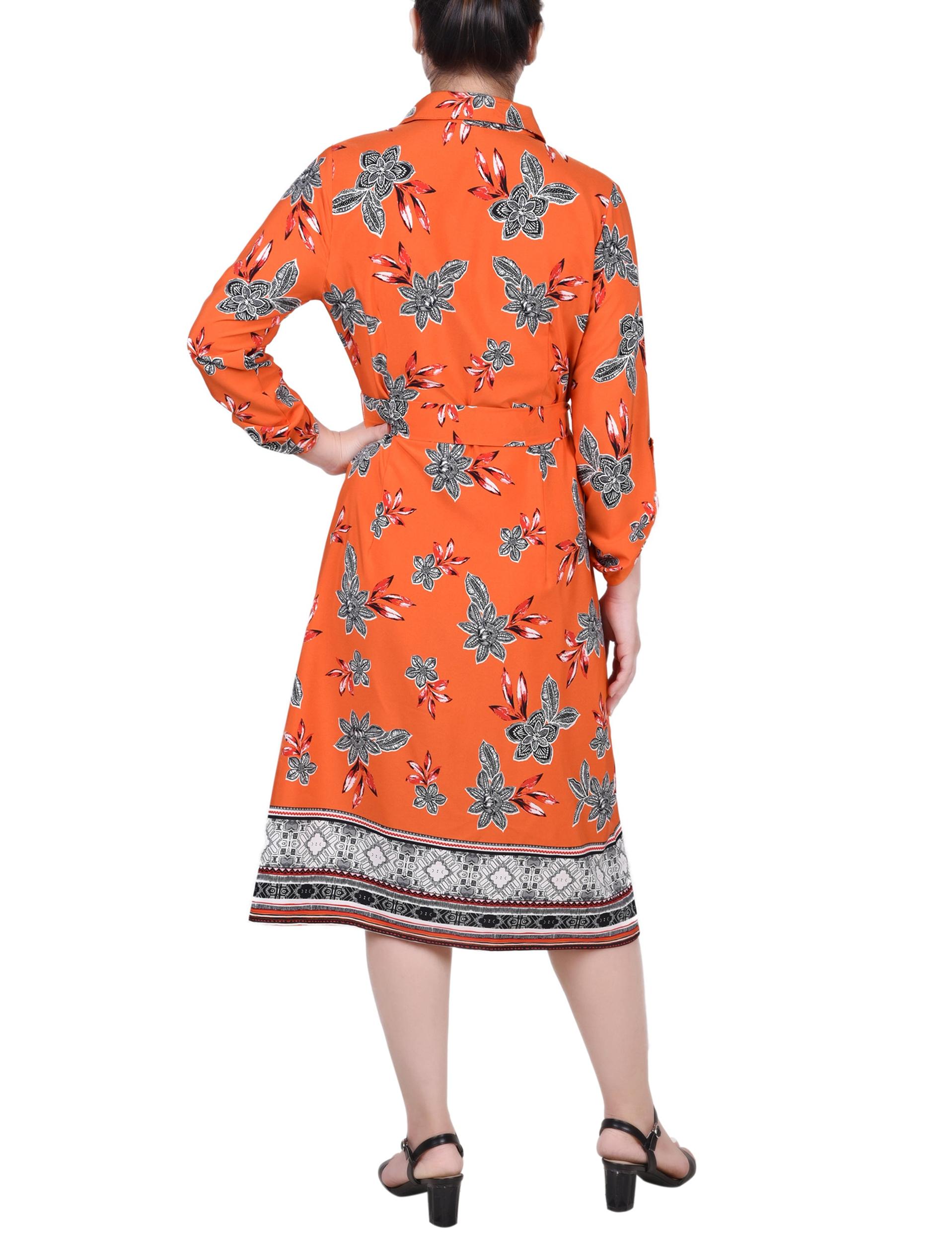 Cypress Inca Gold Navy Zigzag 3/4 Roll Tab Sleeve Belted Shirtdress - Petite Product Image