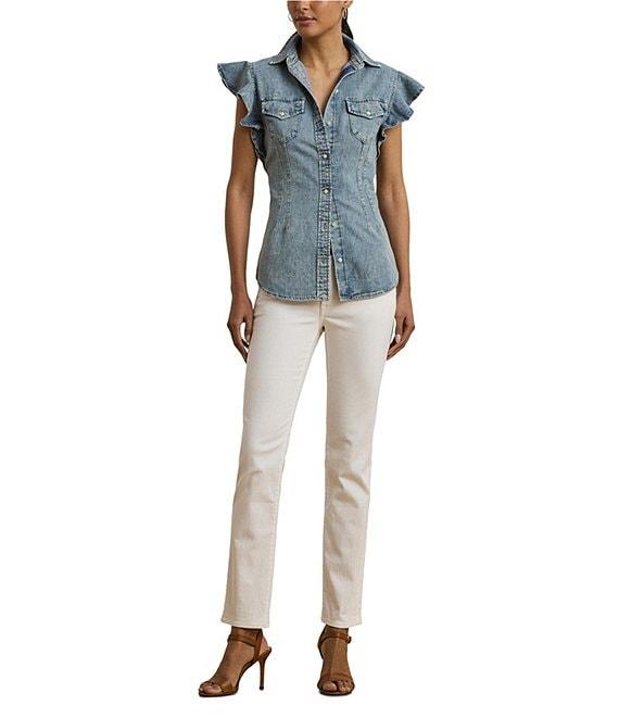 Lauren Ralph Lauren Denim Spread Collar Flutter Sleeve Button Front Shirt Product Image