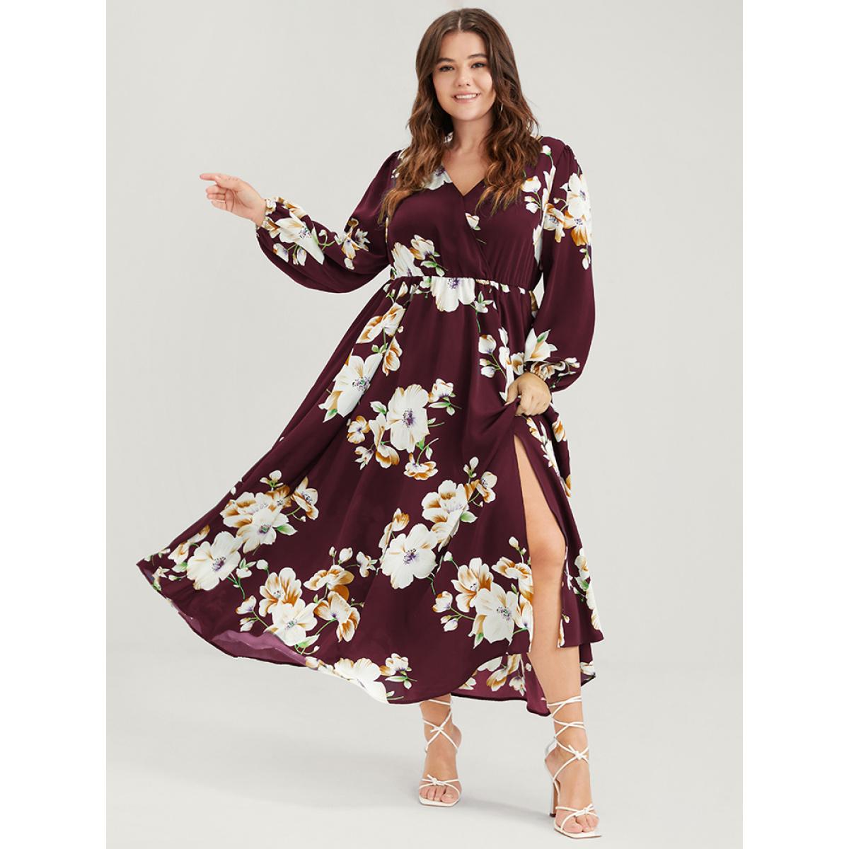 Plus Size Bloom Dress - Floral Lantern Sleeve Pocket Split Surplice Neck Flutter Maxi Dress Burgundy Women Elegant Printed V-neck Long Sleeve Curvy Long Dress BloomChic 22-24/3X Product Image