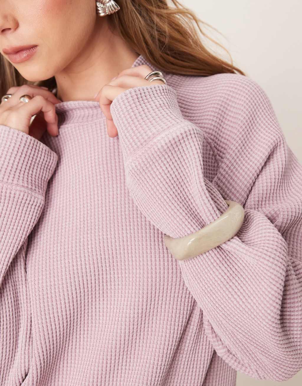 ASOS DESIGN raglan high neck long sleeve top in waffle in washed mauve Product Image
