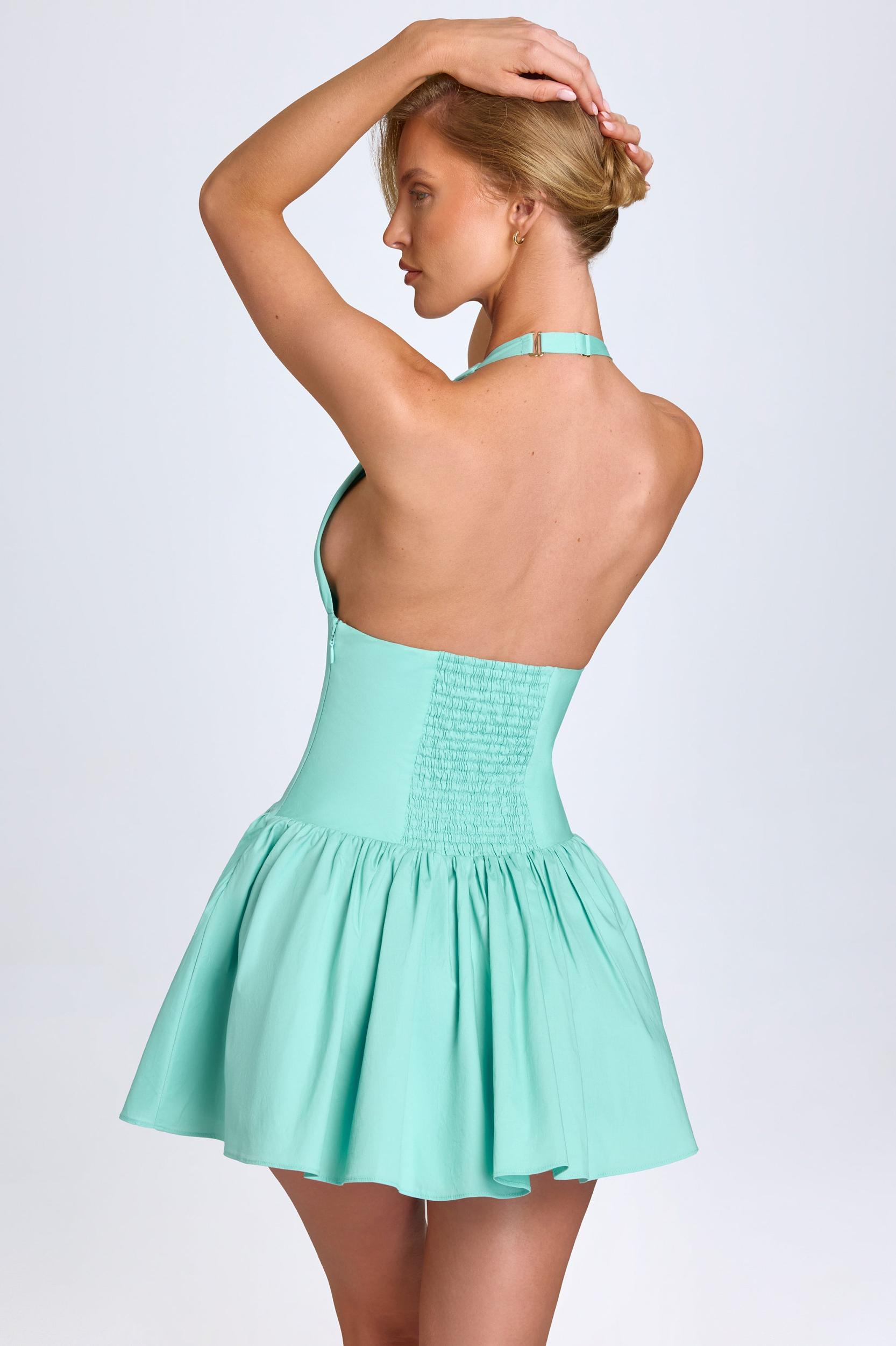 Pintucked Halterneck Mini Dress in Sea Green Product Image