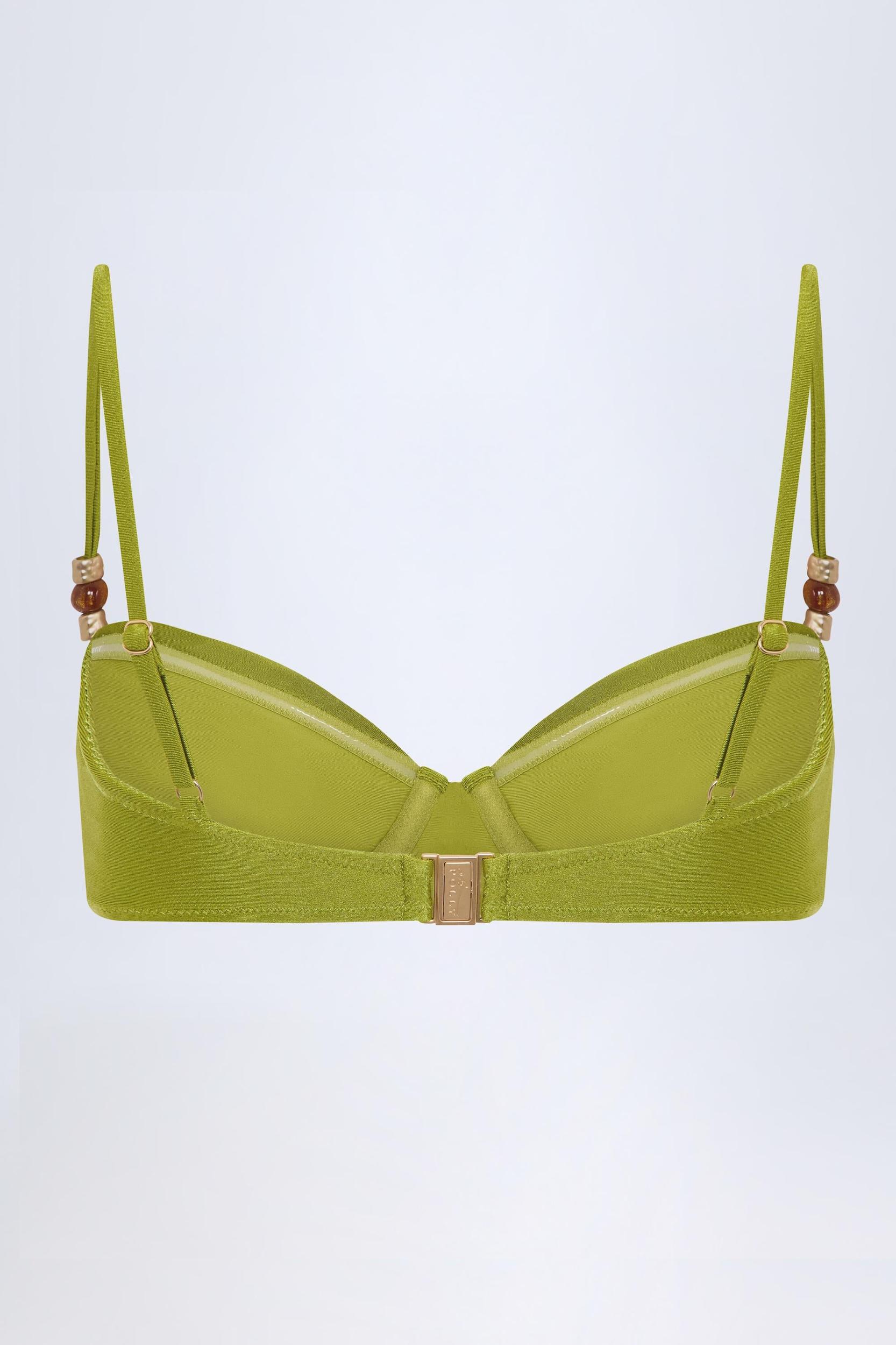 Bead-Embellished Ruched Underwired Bikini Top in Olive Green Product Image