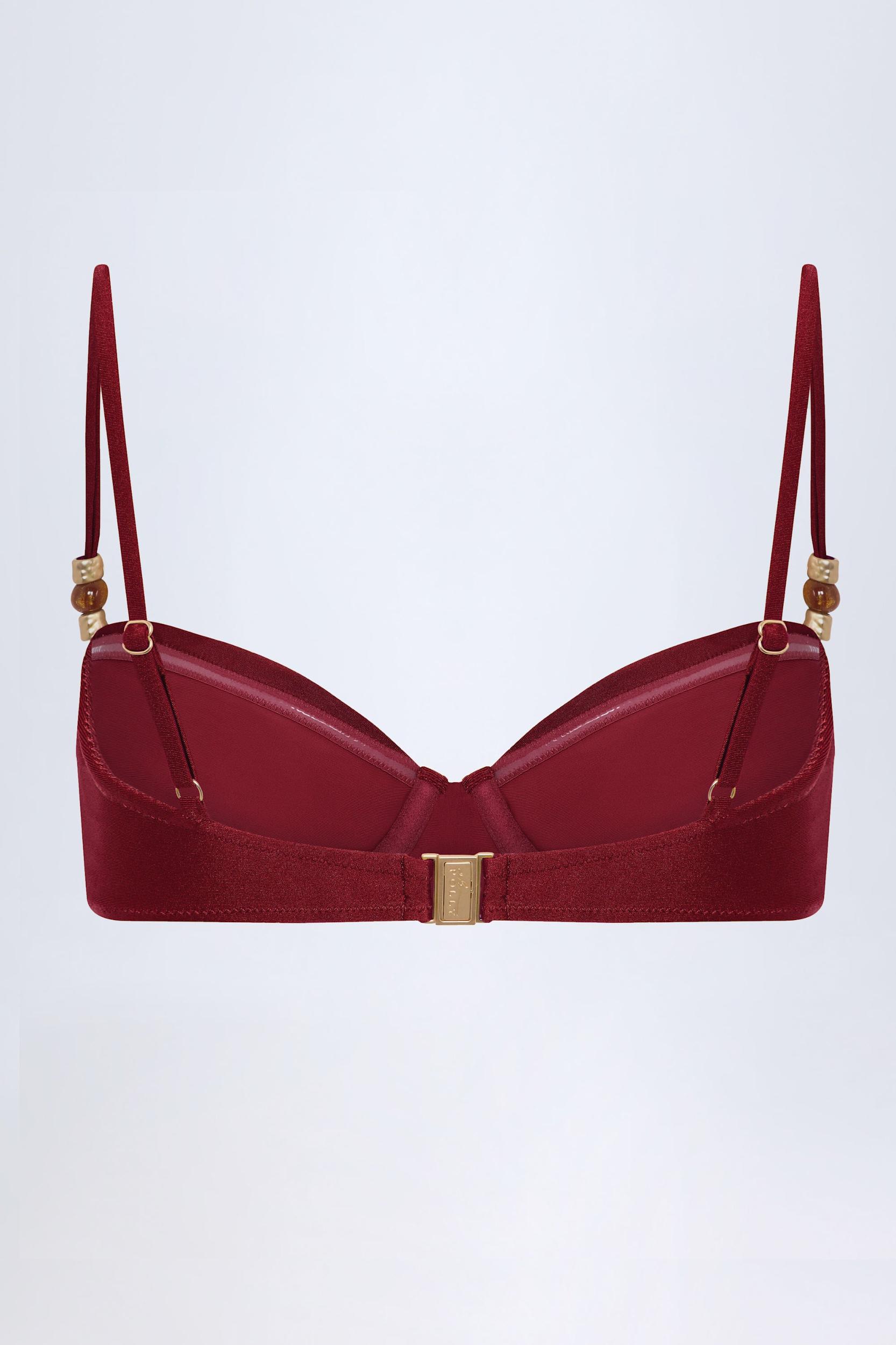 Bead-Embellished Ruched Underwired Bikini Top in Dark Cherry Product Image