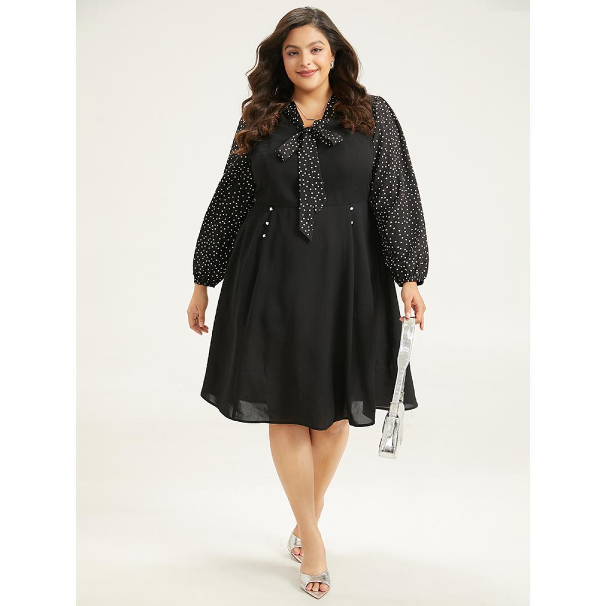 Plus Size Polka Dot Ties Pocket Button Detail Dress Black Women Office Elastic cuffs Tie Neck Long Sleeve Curvy Knee Dress BloomChic 14-16/1X Product Image