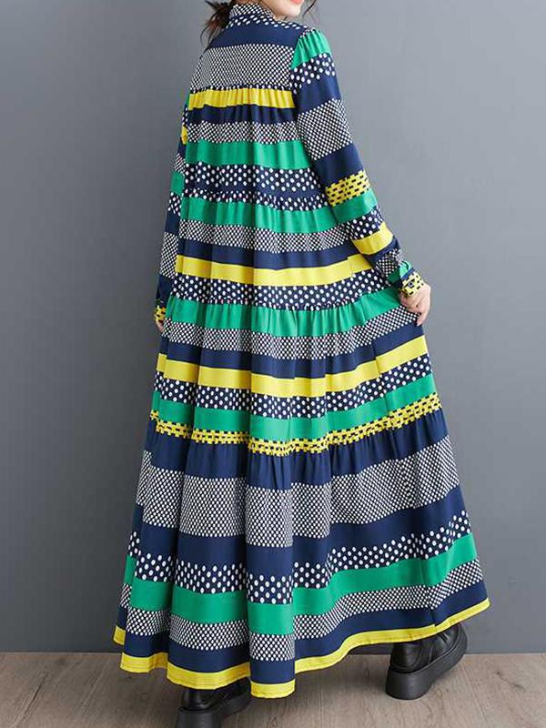 A-Line Long Sleeves Buttoned Polka-Dot Split-Joint Round-Neck Midi Dresses Product Image