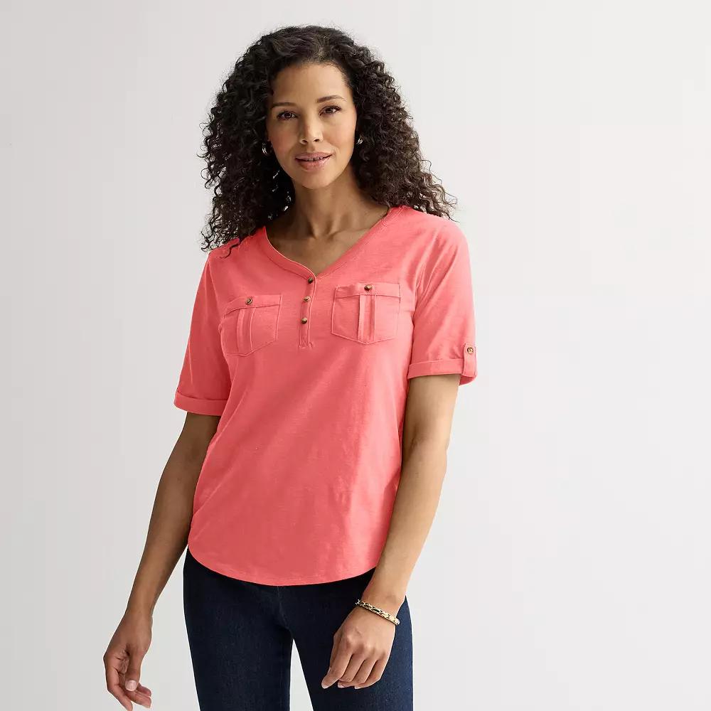 Petite Croft & Barrow® Elbow Sleeve Utility Henley Top, Women's, Size: XS Petite, Pink Product Image