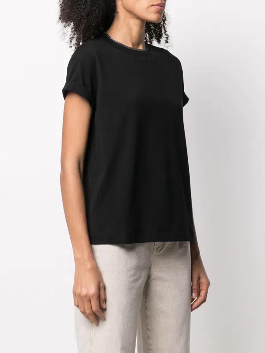 BRUNELLO CUCINELLI Women Stretch Cotton Jersey T-shirt With Precious Faux-layering In Black Product Image