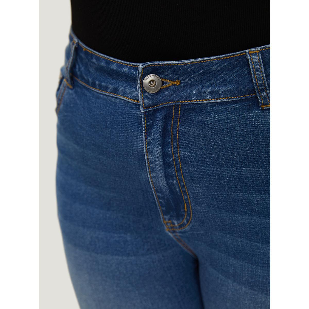 Plus Size Very Stretchy High Rise Medium Wash Contrast Patchwork Jeans Women Blue Casual Patchwork Contrast High stretch Pocket Jeans BloomChic 10/M Product Image