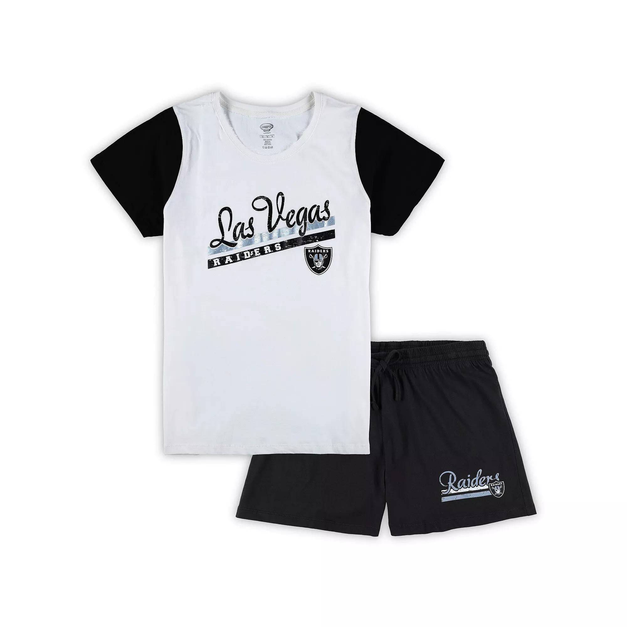 Women's Concepts Sport White/Black Las Vegas Raiders Plus Size Downfield T-Shirt & Shorts Sleep Set, Size: 2XL, Lvr White Product Image