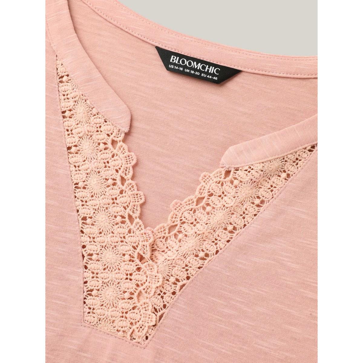 Plus Size Lace Detail Notched Collar Fitted T-Shirt Crepe Women Casual Patchwork Flat collar with V-notch Everyday T-shirts BloomChic 30/6X Product Image