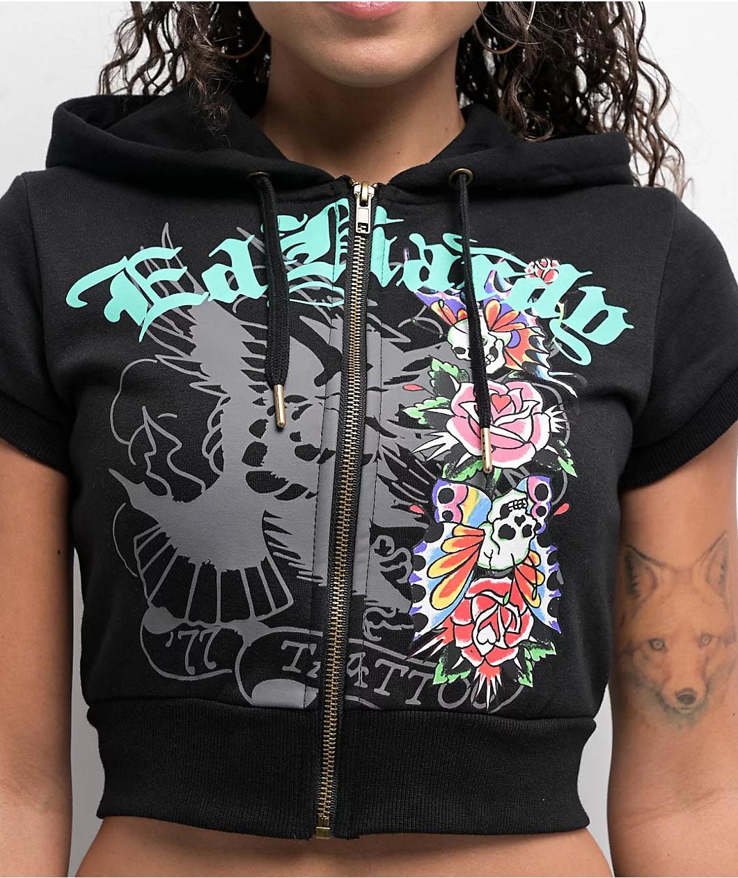 Ed Hardy Skull Black Short Sleeve Crop Zip Hoodie Product Image