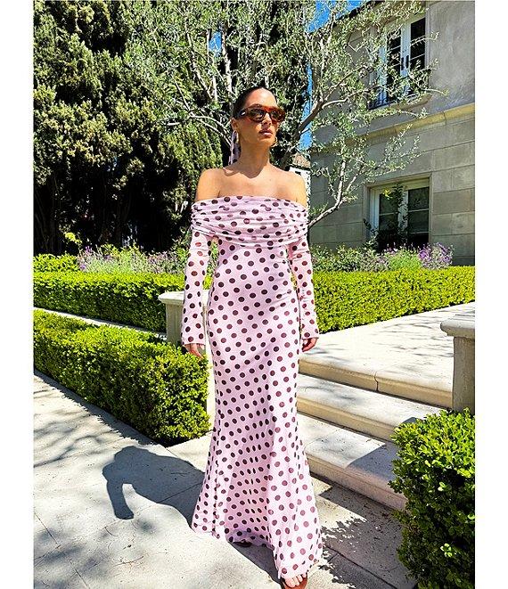 AFRM Thelma Dot Print Off-The-Shoulder Long Sleeve Mesh Maxi Dress Product Image
