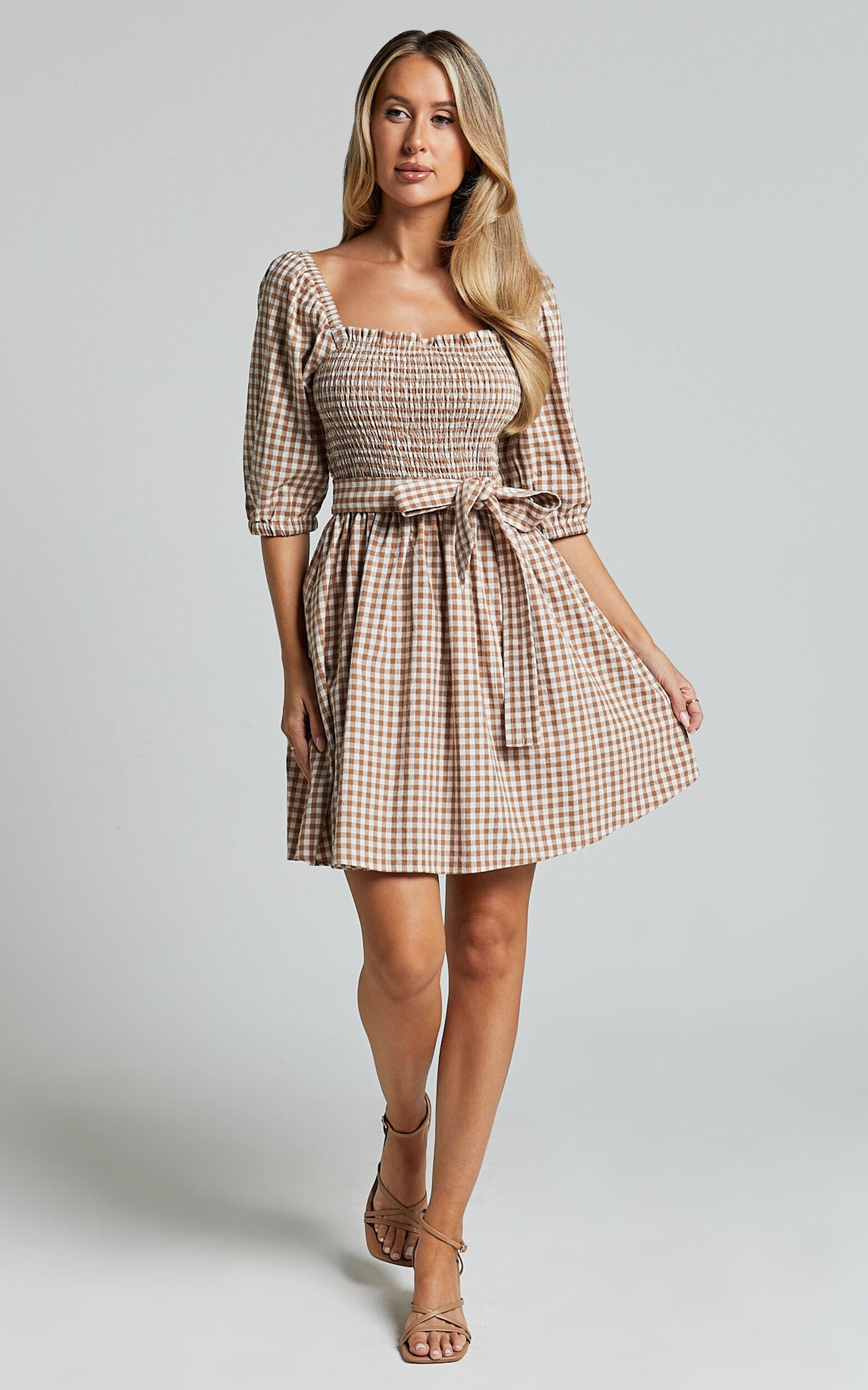 Liza Mini Dress - Shirred Bodice Short Sleeve Tie Dress in Caramel and White Gingham Product Image