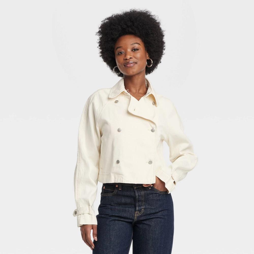 Women's Denim Cropped Trench Jacket - Universal Thread™ Off-White 2X: Midweight, Double-Breasted, Woven Product Image