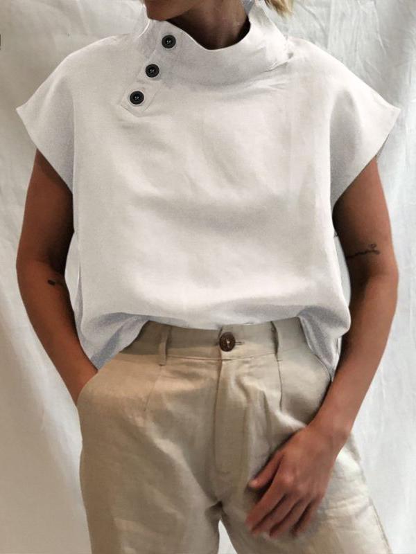 Solid Color Stand Collar Cap-Sleeve Shirts Product Image