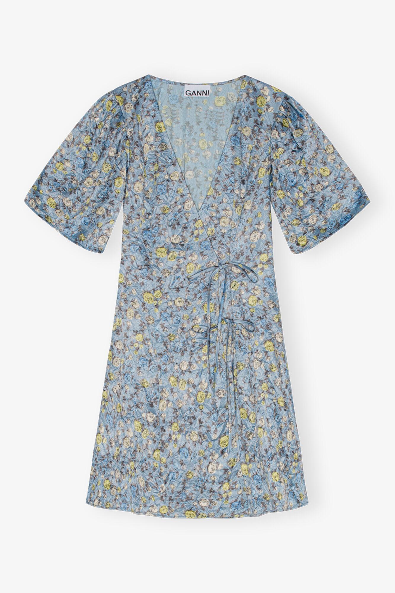 Blue Floral Printed Crinkled Satin Mini Wrap Dress Product Image