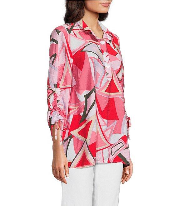 Ali Miles Abstract Print Wire Collar 3/4 Cinch Tie Sleeve Tunic Product Image