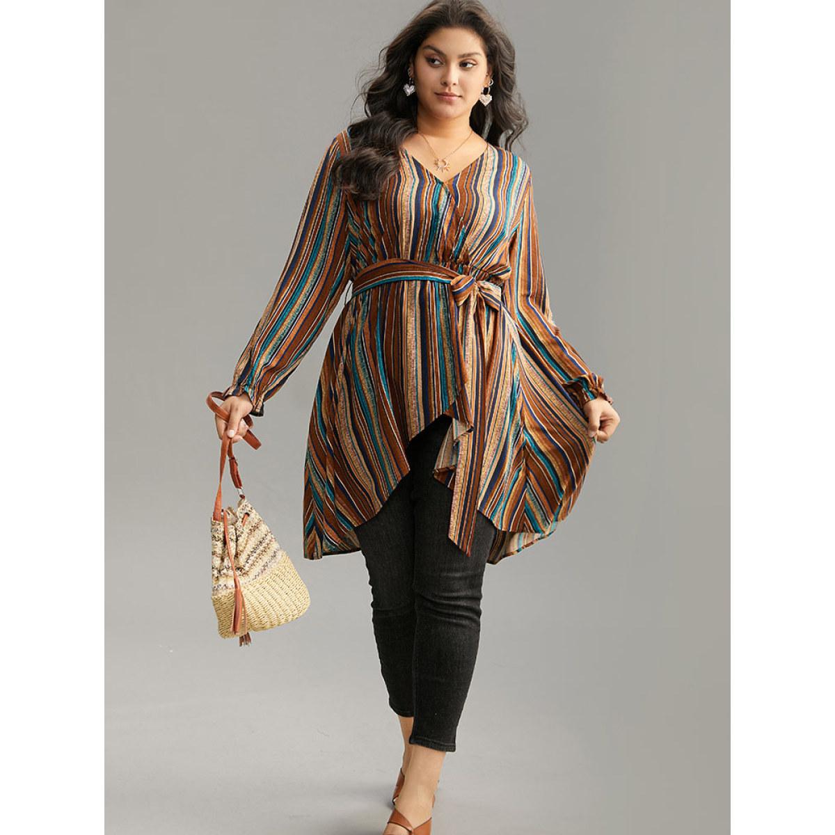 Plus Size Multicolor Striped Overlap Collar Arc Hem Belted Blouse Women Vacation Long Sleeve Overlap Collar Vacation Blouses BloomChic 30/6X Product Image