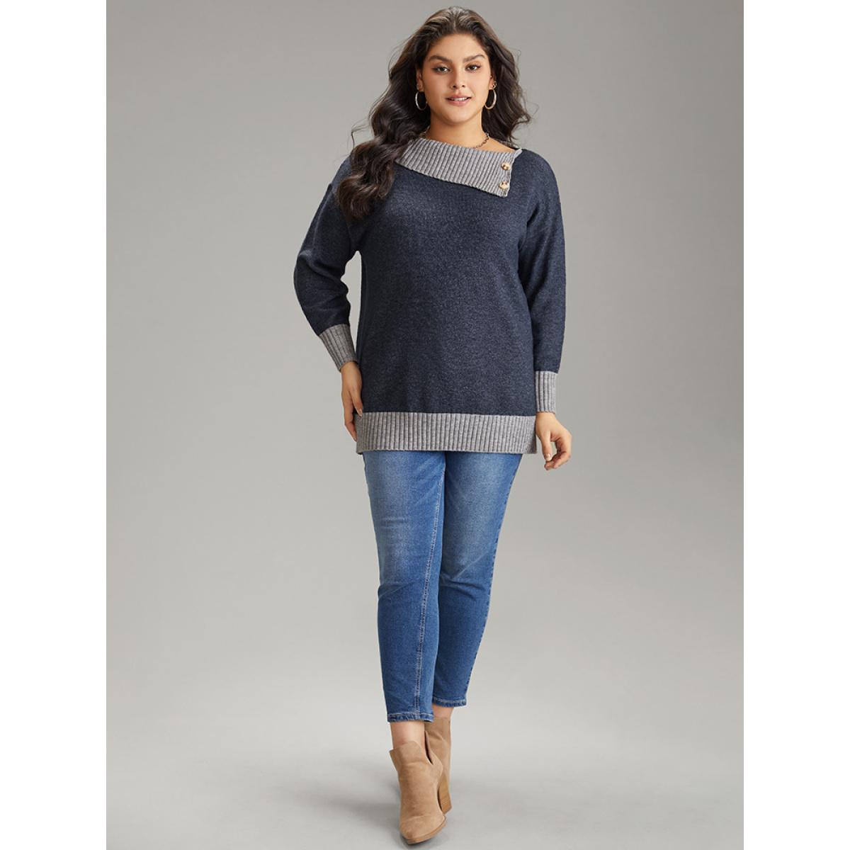 Plus Size Two Tone Button Detail Lapel Collar Pullover Midnight Women Casual Loose Long Sleeve Lapel Collar Dailywear Pullovers BloomChic 26/4X Product Image