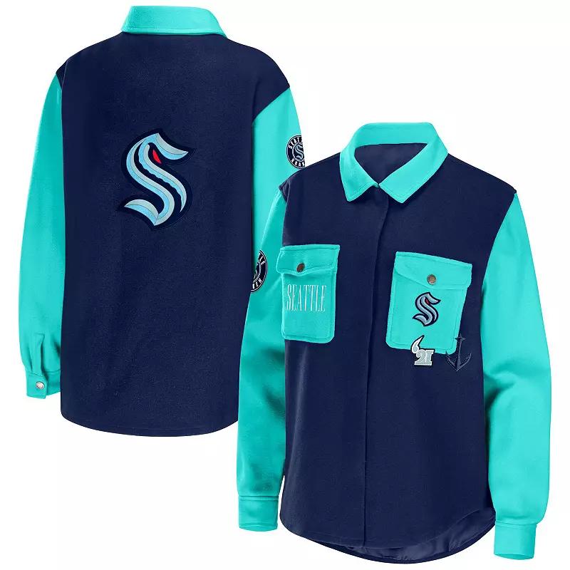 Women's WEAR by Erin Andrews Deep Sea Blue/Light Blue Seattle Kraken Colorblock Button-Up Shirt Jacket,  Product Image