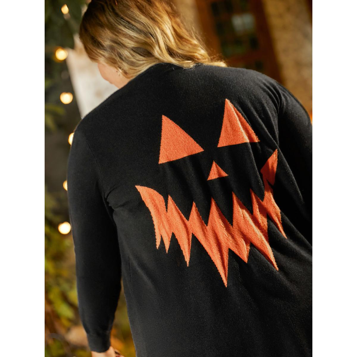 Plus Size Supersoft Essentials Jack-o-Lantern Jacquard Back Printed Cardigan Black Women Casual Loose Long Sleeve Everyday Cardigans BloomChic 28/5X Product Image