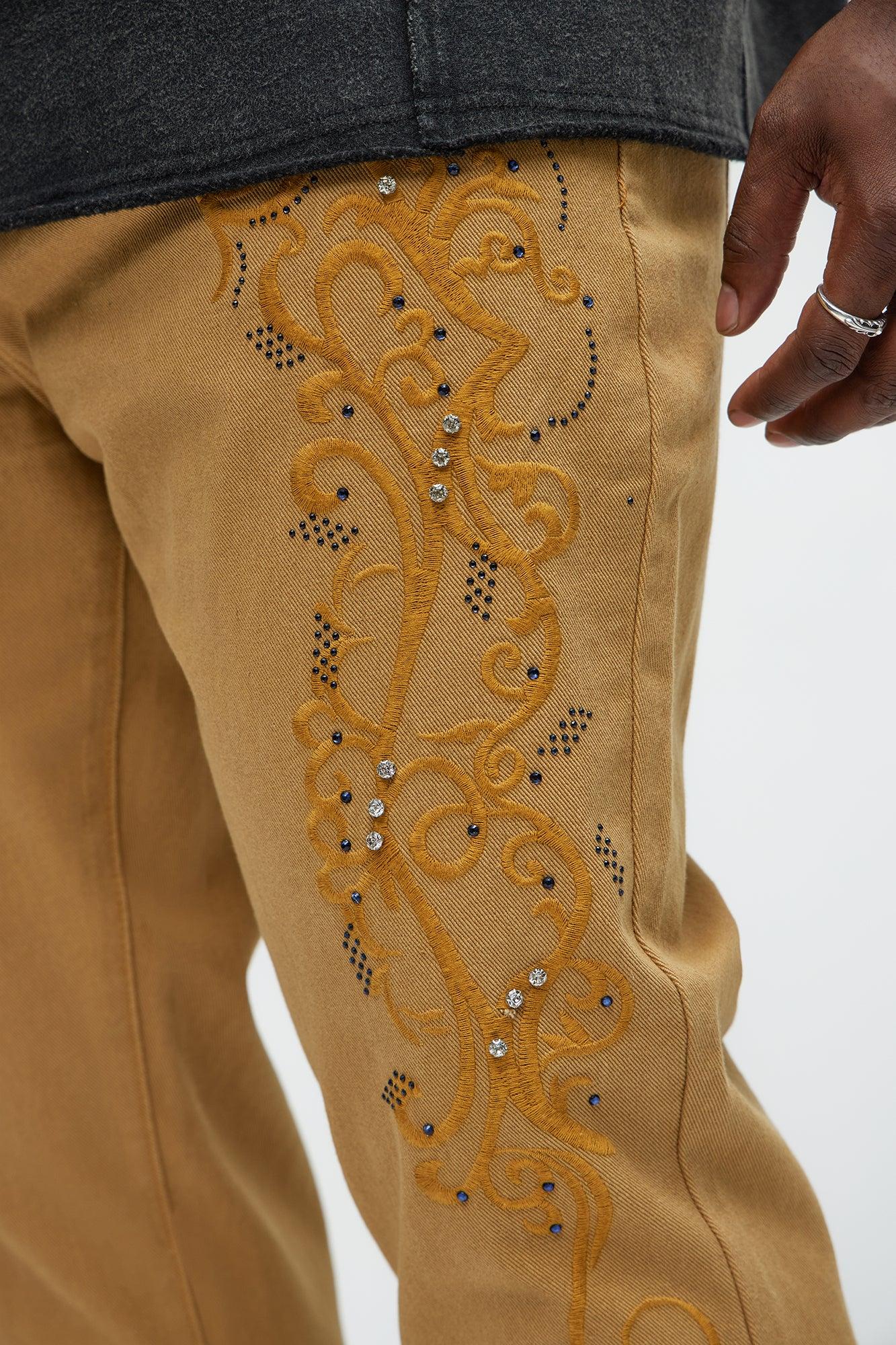 Kurt Rhinestone Embroidered Slim Jeans - Khaki Product Image