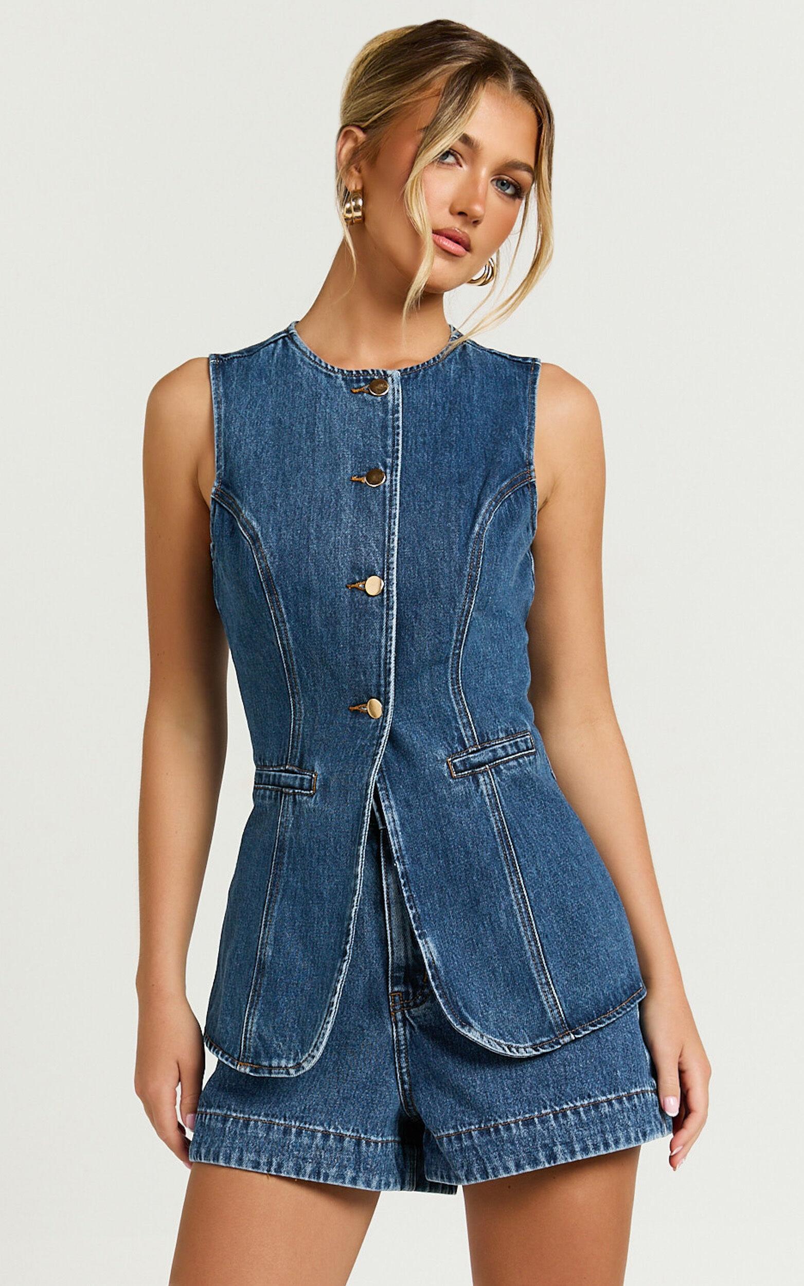 Rhianna Top - Button Down Longline Recycled Denim Vest Top in Dark Blue Wash Product Image