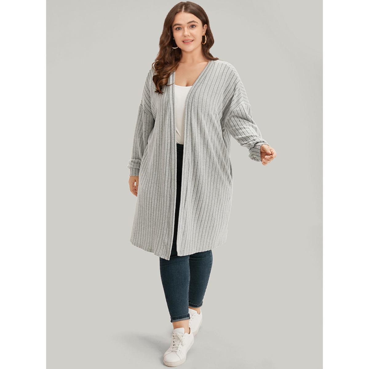 Plus Size Plain Pocket Texture Open Front Kimono Women Gray Casual Texture Pocket Dailywear Kimonos BloomChic 14-16/1X Product Image