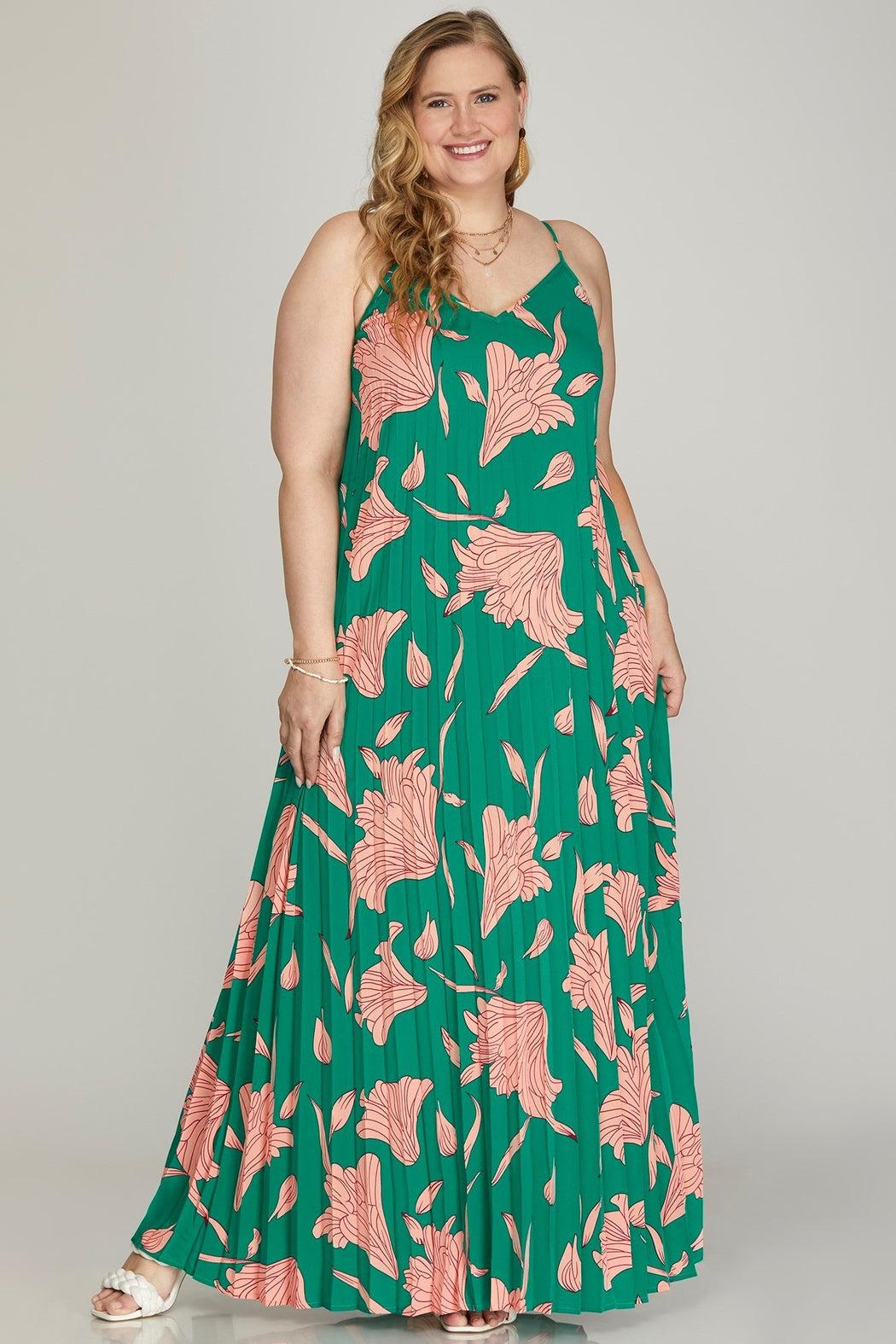 Pleated Woven Floral Print Maxi Dress Product Image