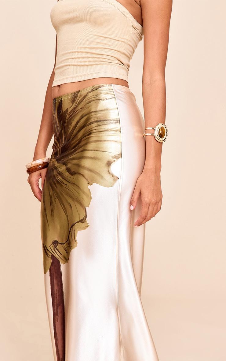 Ecru Floral Print Stretch Satin Maxi Skirt Product Image