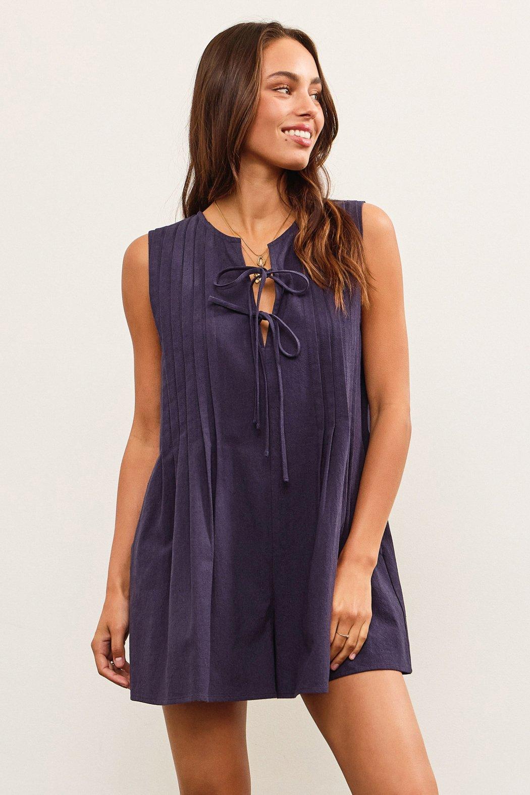 Tie Front Pleated Sleeveless Romper Product Image