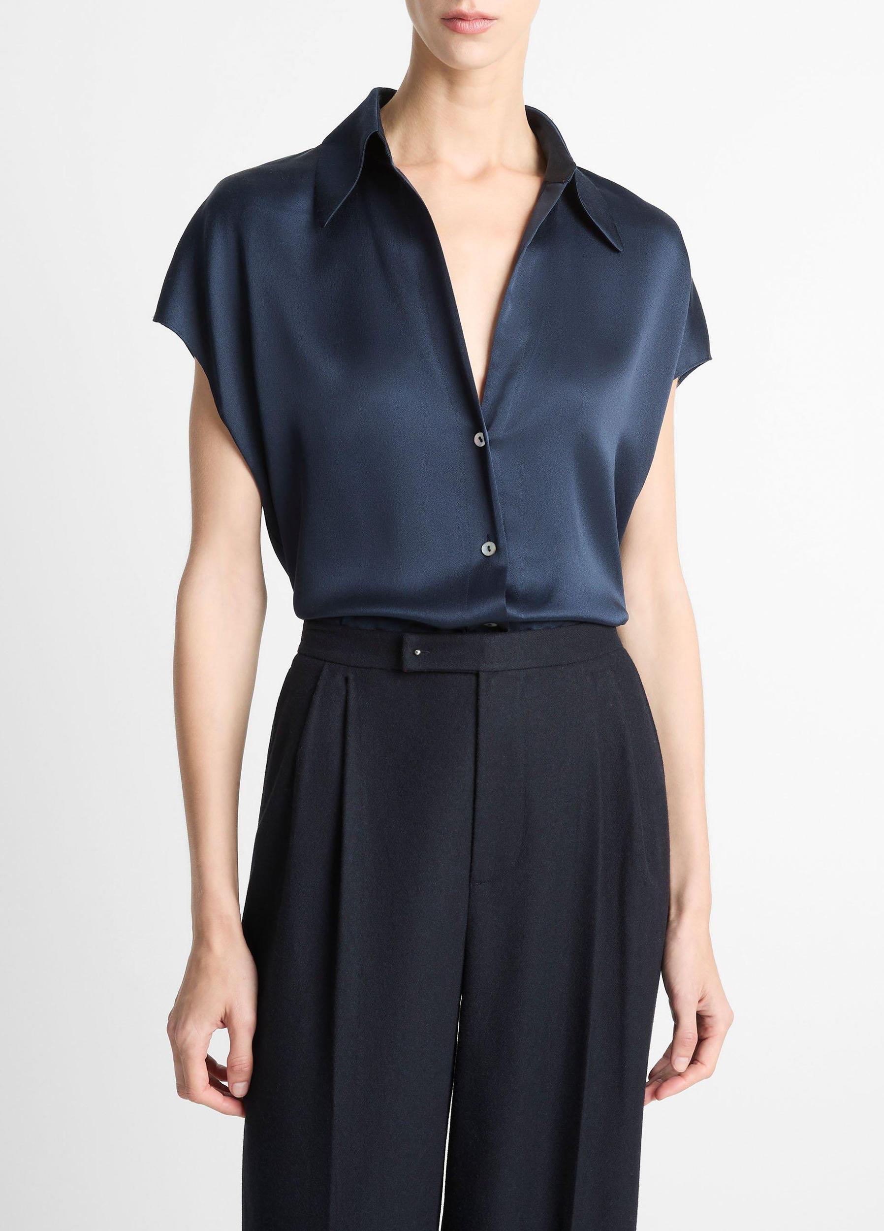 Silk Cap-Sleeve Ruched-Back Blouse Product Image
