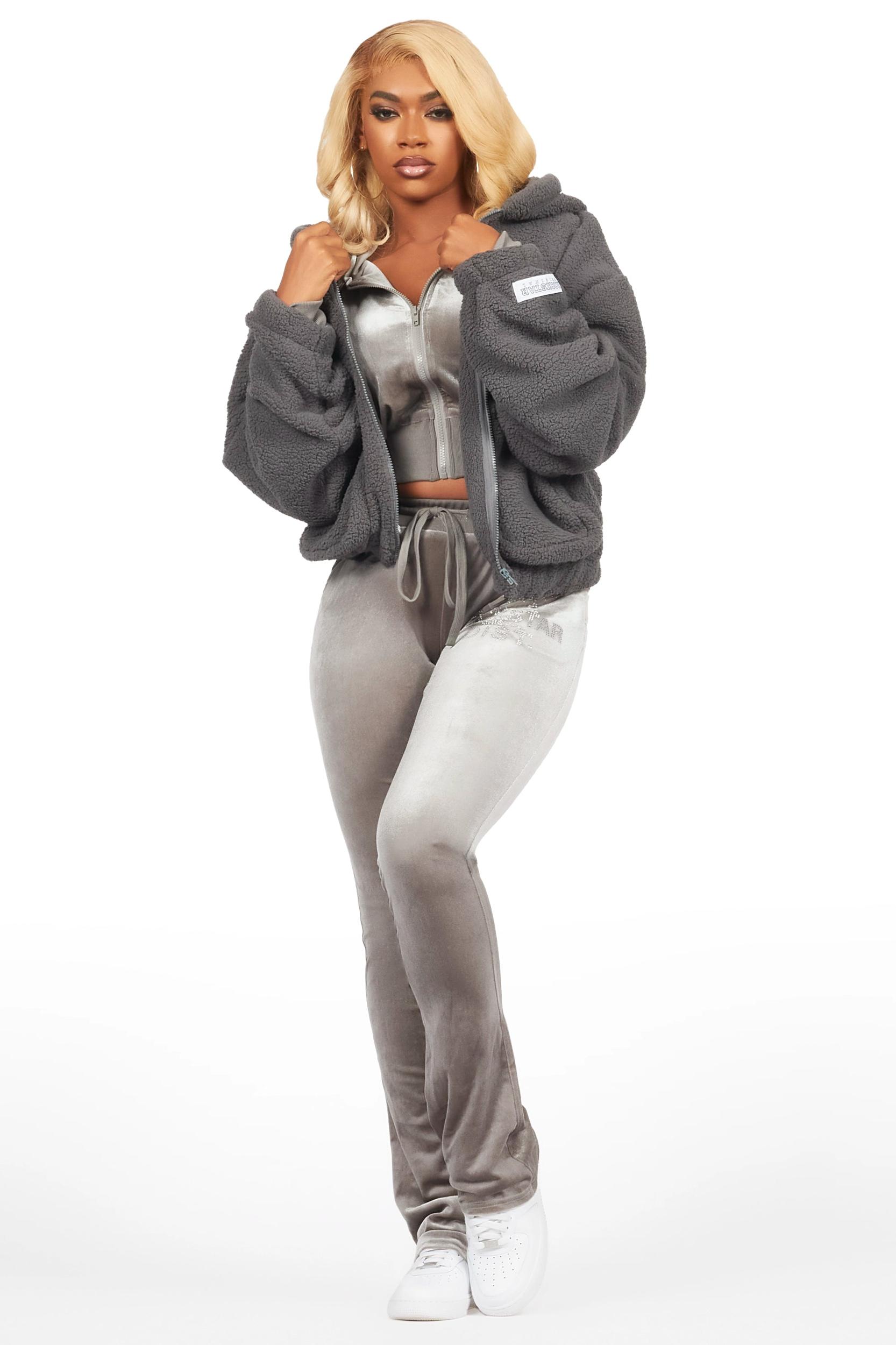 Shakura Grey Stacked Rhinestone Velour Trackset Female Product Image