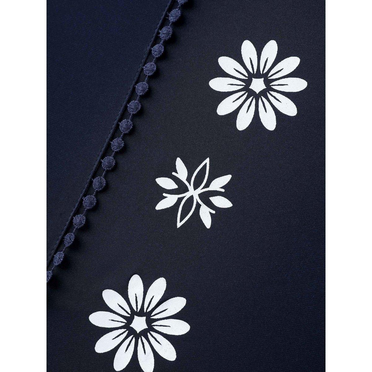 Plus Size DarkBlue Floral Print Button Detail Solid Blouse Women Boho Elbow-length sleeve Flat collar with V-notch Vacation Blouses BloomChic 28/5X Product Image