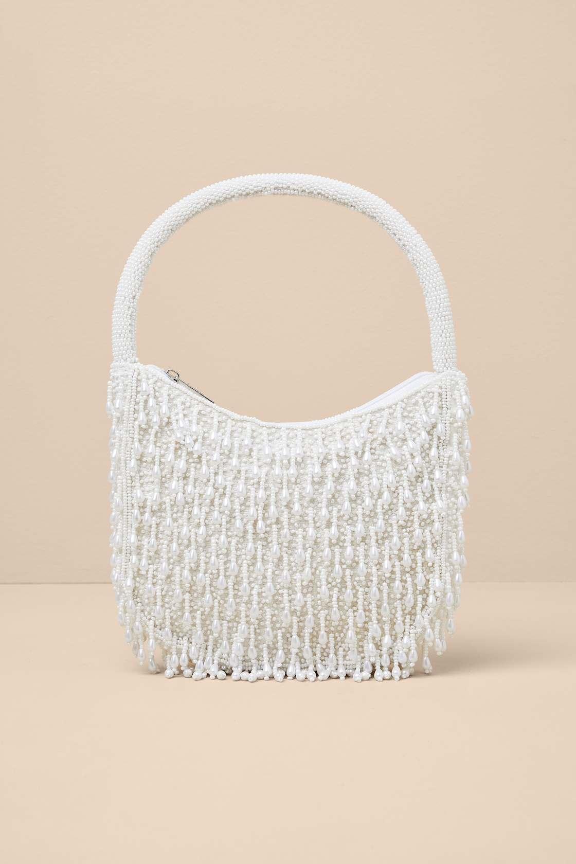 Dinola White Beaded Fringe Handbag Product Image