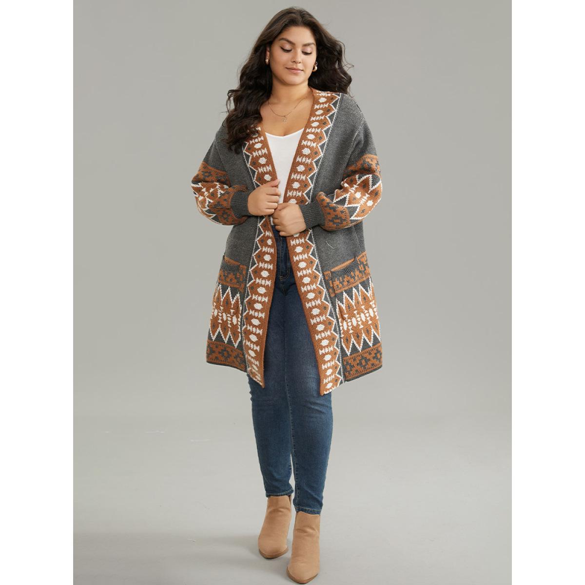 Plus Size Contrast Geometric Pocket Open Front Cardigan DimGray Women Casual Loose Long Sleeve Dailywear Cardigans BloomChic 12/L Product Image