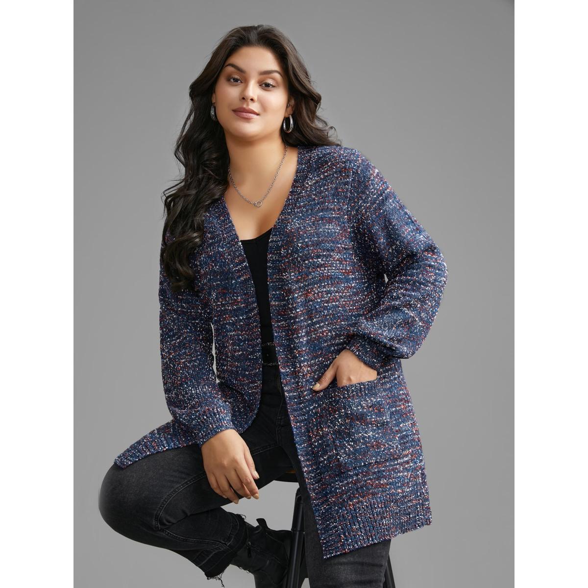 Plus Size Contrast Heather Texture Patch Pocket Cardigan Aegean Women Casual Loose Long Sleeve Everyday Cardigans BloomChic 28/5X Product Image