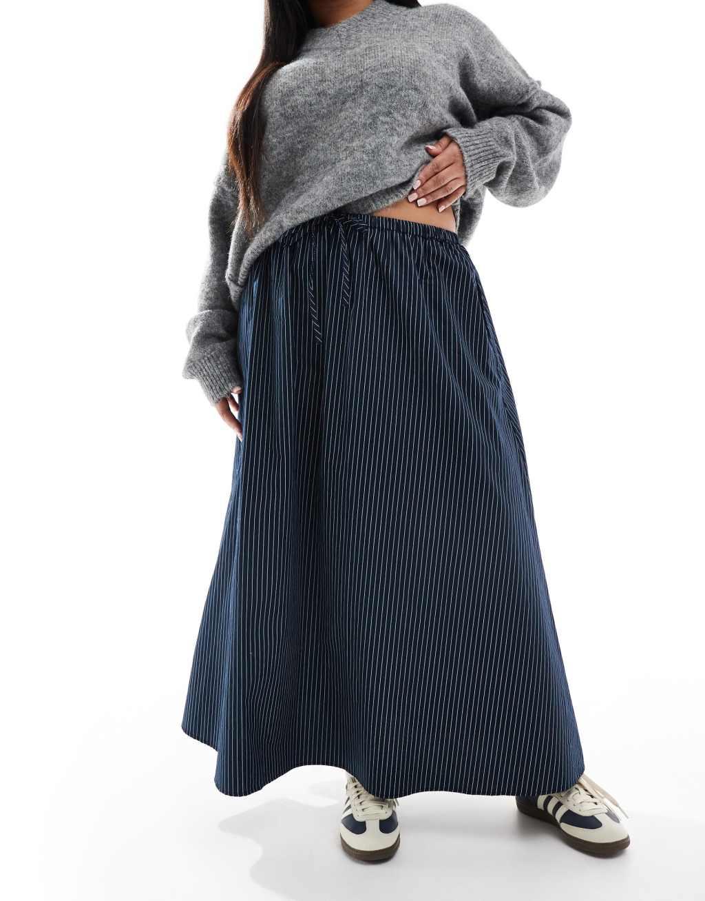 ASOS DESIGN Curve a line tie waist midi skirt in navy stripe Product Image