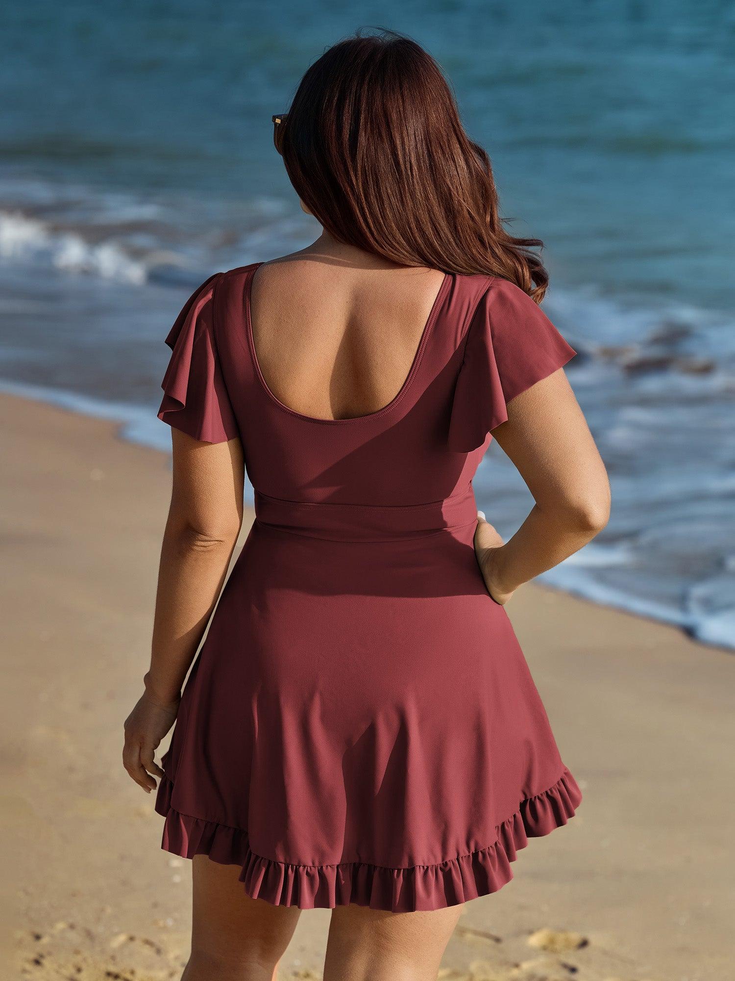 Ruffled Sleeve Curvy Hem Swim Dress Female Product Image