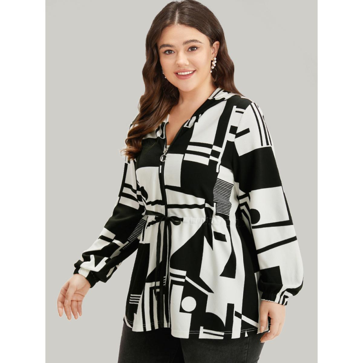 Plus Size Halloween Geometric Print Drawstring Zipper Hooded Knot Jacket Women Black Zipper Dailywear Jackets BloomChic 14-16/1X Product Image