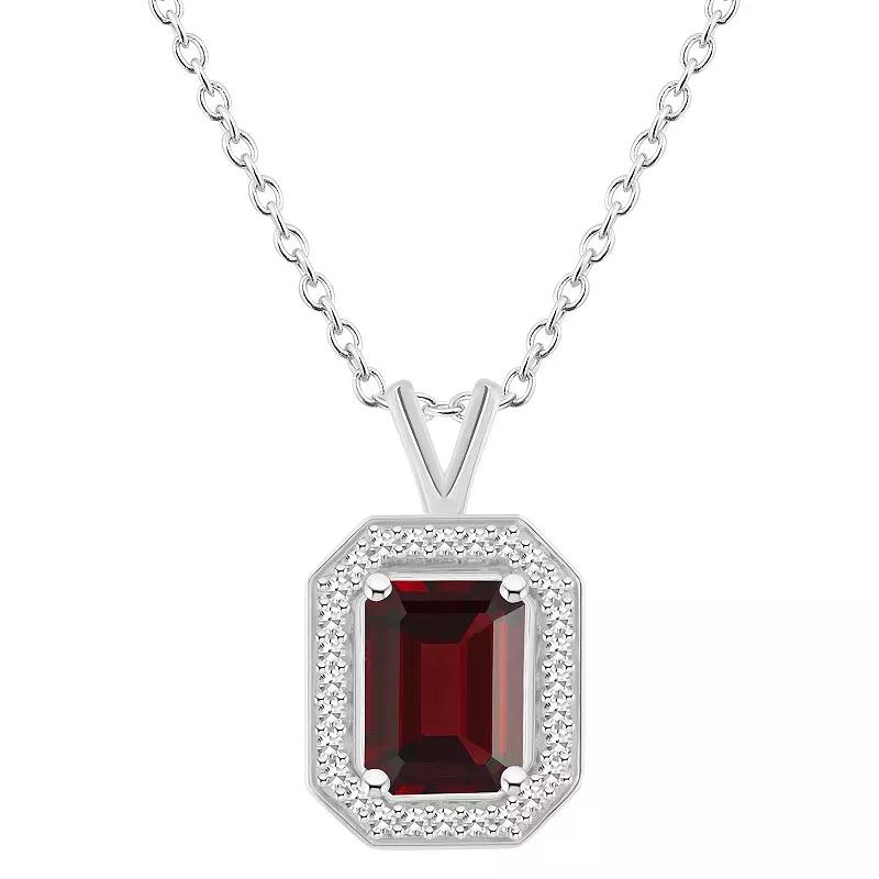 Celebration Gems Sterling Silver Emerald Cut Gemstone & 1/8 Carat T.W. Diamond Halo Pendant Necklace, Women's, Size: 18", Red Product Image