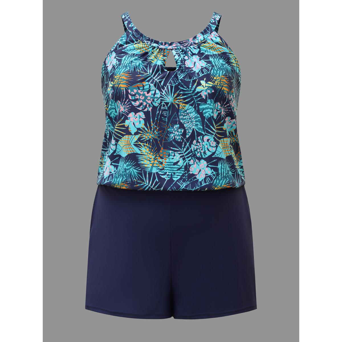 Plus Size Neck Cut-Out Tropical One-Piece Swimsuit Women's Swimwear Indigo Beach Gathered Curve Bathing Suits High stretch One Pieces BloomChic 22-24/3X Product Image