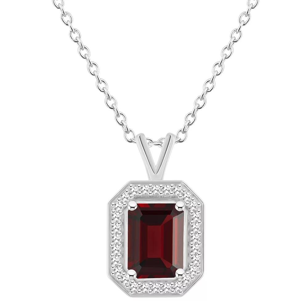 Celebration Gems Sterling Silver Emerald Cut Gemstone & 1/8 Carat T.W. Diamond Halo Pendant Necklace, Women's, Size: 18", Red Product Image
