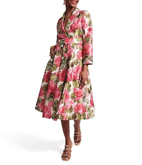 FRANCES VALENTINE Lucille Peonies Notch Lapel Long Sleeve Wrap Midi Dress Product Image