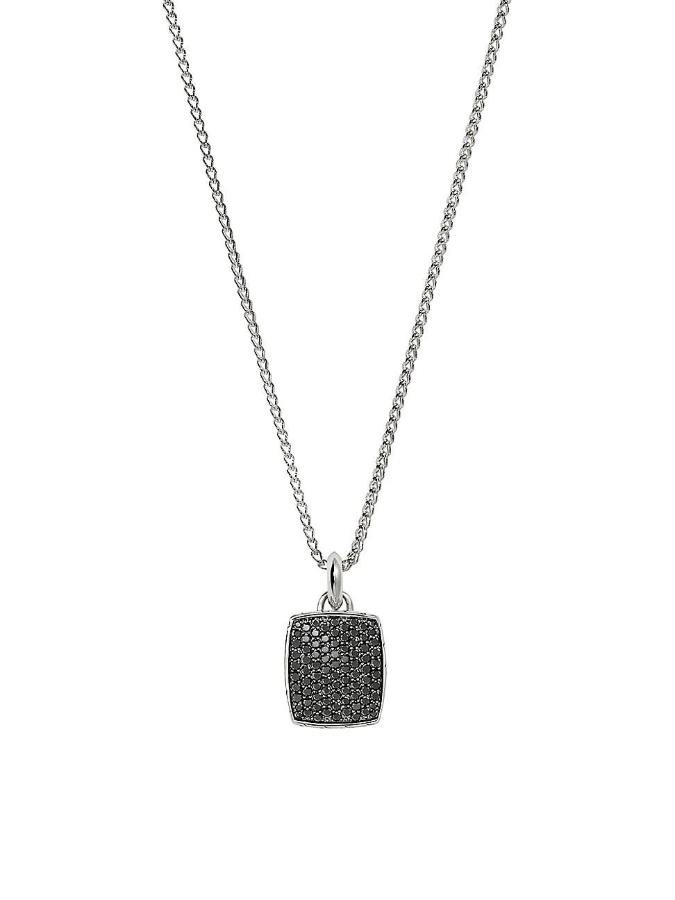 Mens ID Sterling Silver & Black Sapphire Tag Necklace Product Image