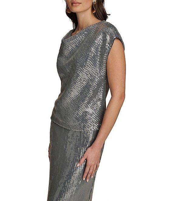 Donna Karan Sequin Cowl Neck Cap Sleeve Top Product Image