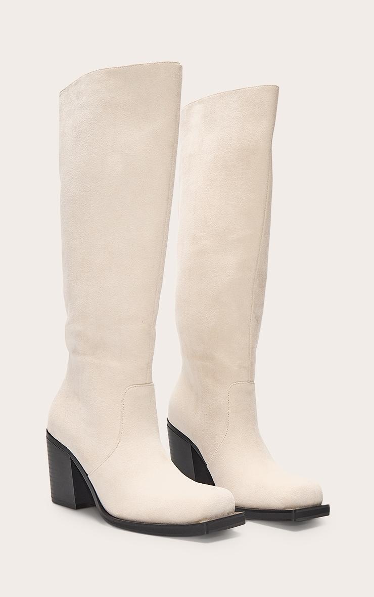 Cream Faux Suede Square Toe High Block Heel Knee High Boots Product Image