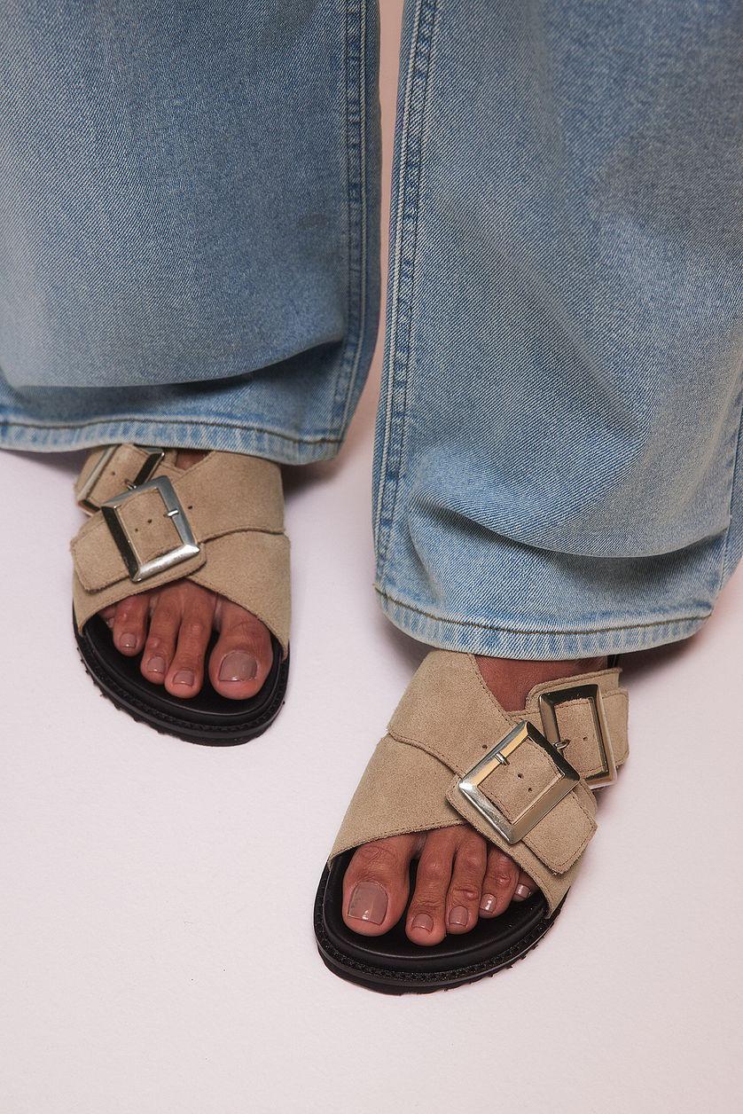 Double Buckle Leather Slippers Product Image