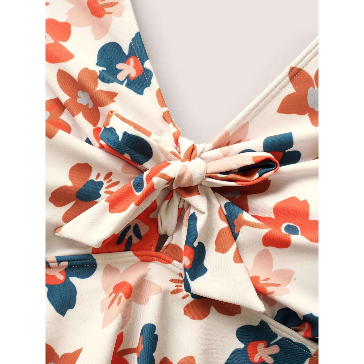 Plus Size Floral Tie Knot Tiered Ruffles Swim Top Women's Swimwear Beige Beach Tie knot High stretch Bodycon V-neck Curve Swim Tops BloomChic 12/L Product Image