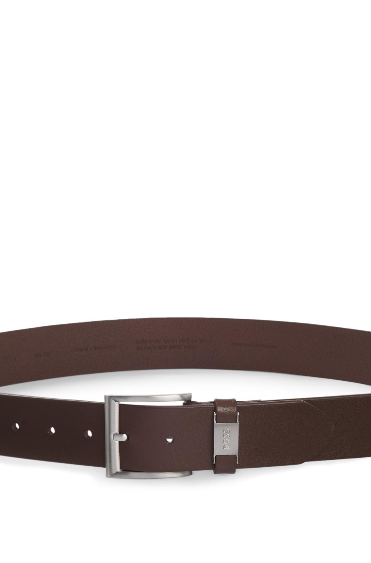 Italian-leather belt with logo keeper and brushed hardware Product Image